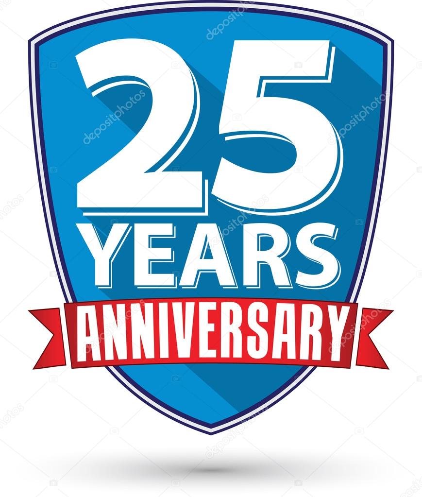 Flat design 25 years anniversary label with red ribbon, vector i