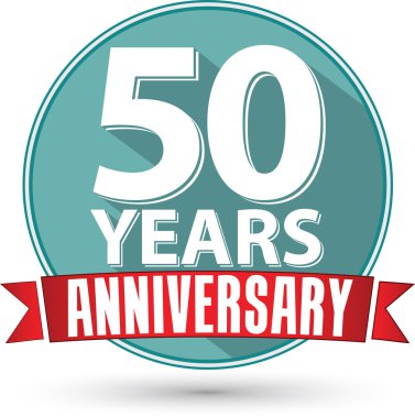 Tasarım 50 yıl yıldönümü etiketi kırmızı kurdele ile düz, Il vektör