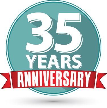 Tasarım 35 yıl yıldönümü etiketi kırmızı kurdele ile düz, ben vektör