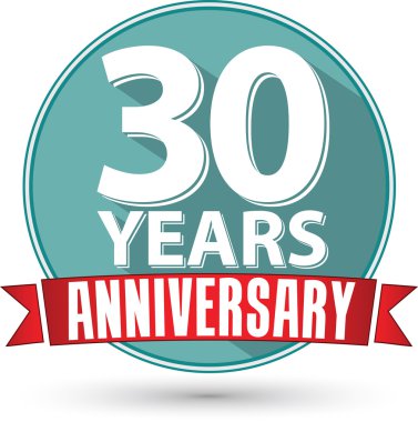 Tasarım 30 yıl yıldönümü etiketi kırmızı kurdele ile düz, ben vektör