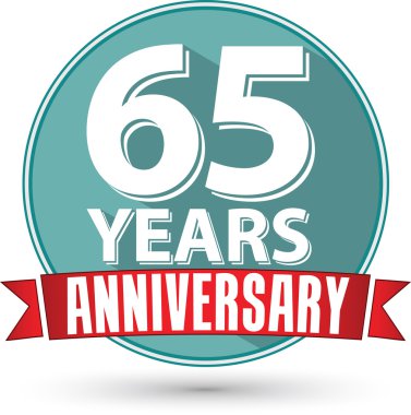 Tasarım 65 yıl yıldönümü etiketi kırmızı kurdele ile düz, ben vektör