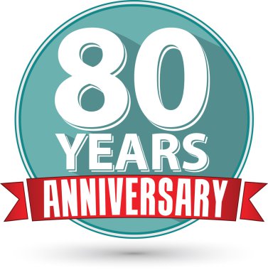 Tasarım 80 yıl yıldönümü etiketi kırmızı kurdele ile düz, ben vektör