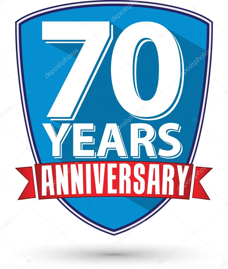 Flat design 70 years anniversary label with red ribbon, vector i