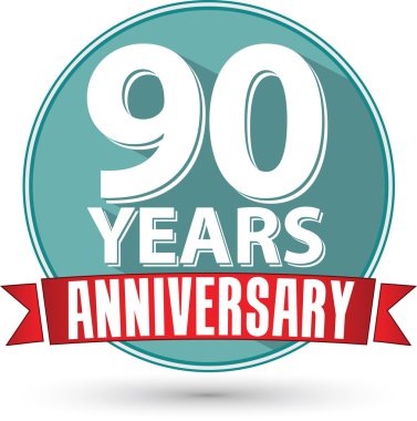 Tasarım 90 yıl yıldönümü etiketi kırmızı kurdele ile düz, ben vektör