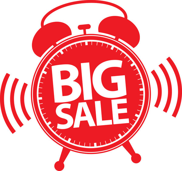 Большая продажа будильника красная этикетка, векторная иллюстрация
