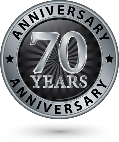 70 years anniversary silver label, vector illustration 