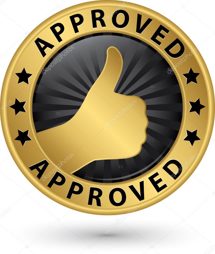 Approved golden label with thumb up, vector illustration 