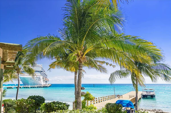 Cruiseschip Aangemeerd Tropische Haven Zonnige Dag — Stockfoto