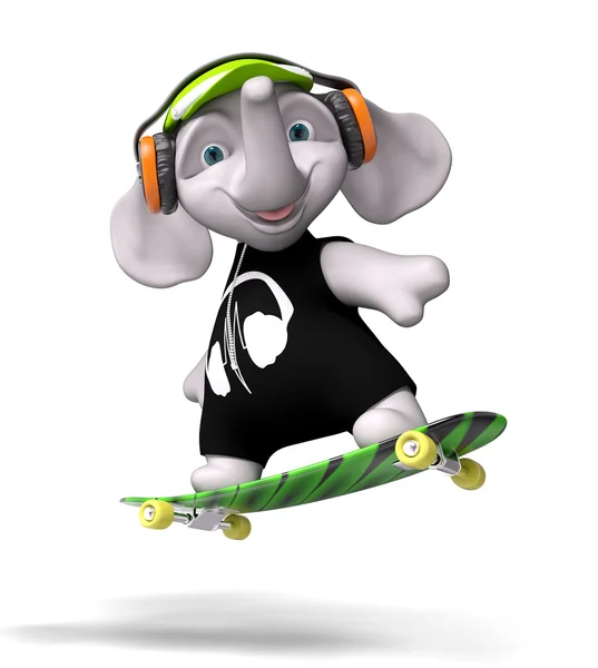 Nastolatek słoń skateboardingu na białym tle 3d renderowania — Zdjęcie stockowe