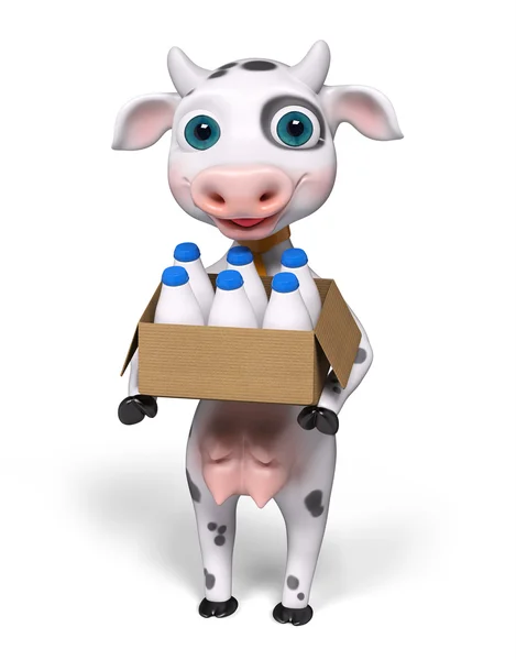 Charakter kreskówka krowa z pudełko kartonowe i mleka butelki 3d render — Zdjęcie stockowe