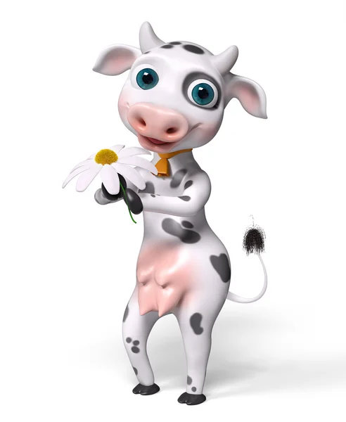 Vaca de dibujos animados sostiene manzanilla en manos aisladas, 3d renderizado — Foto de Stock