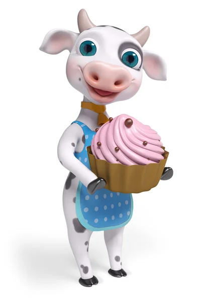 Cartoon character cow, holds cake in hands , 3d rendering
