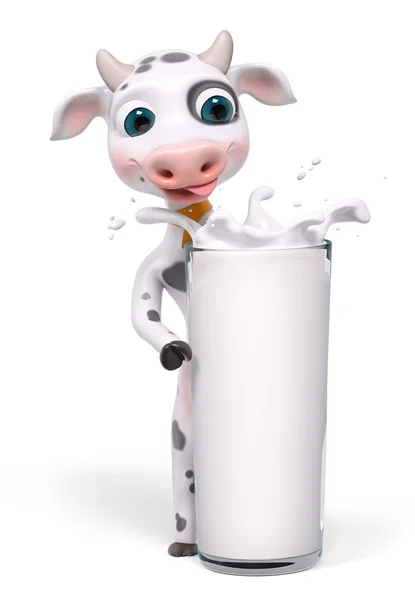 Personaje de dibujos animados vaca de pie detrás del vaso de leche, 3d renderin — Foto de Stock