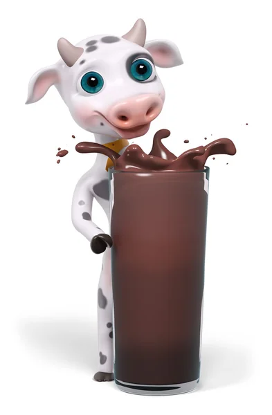 Caricatura personaje vaca de pie detrás de un vaso de chocolate, 3d rend — Foto de Stock
