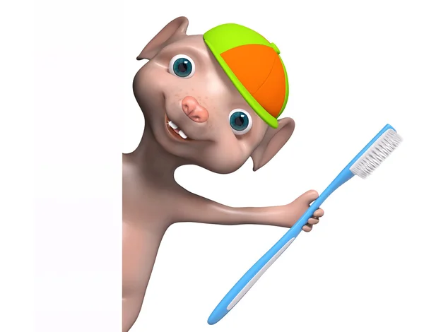 Çizgi film fare karakteri holding diş fırçası 3d render — Stok fotoğraf
