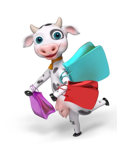 Cartoon character cow, running with shopping bags isolated 3d re