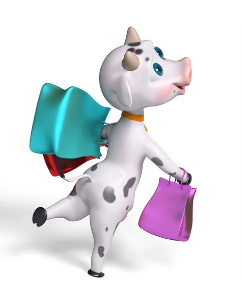 Cartoon character cow, running with shopping bags isolated 3d re — Stock Photo, Image