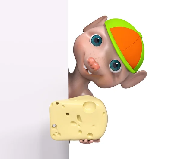 Personaje de dibujos animados ratón con queso y póster 3d renderizado — Foto de Stock