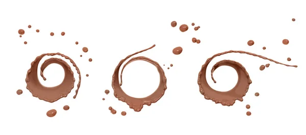 スプラッシュのチョコレート スプラッシュコーヒー3Dイラストのセット 抽象的な渦の背景 孤立した3Dレンダリング — ストック写真
