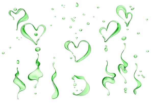 スプラッシュ緑色の液体 スプラッシュのセットアロエベラ3Dイラスト 抽象的な旋回背景 孤立した3Dレンダリング — ストック写真