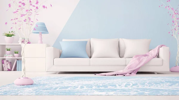 Belső Kialakítás Egy Modern Nappali Kék Fehér Kanapéval Rózsaszín Kockás — Stock Fotó