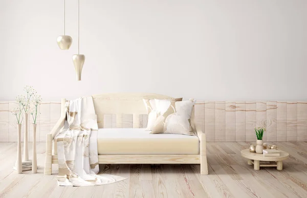 客厅内饰有米色天鹅绒沙发 枕头和格子花 花瓶中的枝条和咖啡桌白墙背景3D渲染 — 图库照片