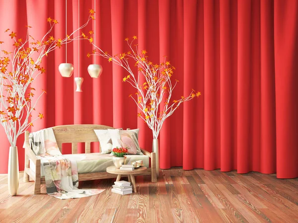 现代室内设计 木制长椅 红色窗帘 装饰灯和咖啡桌 3D渲染 — 图库照片