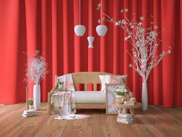 现代室内设计 木制长椅 红色窗帘 白色装饰灯和咖啡桌 3D渲染 — 图库照片