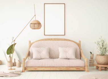 Kanepeli modern oturma odasının iç tasarımı, duvardaki poster çerçevesi, yer lambası, 3D tasarım.