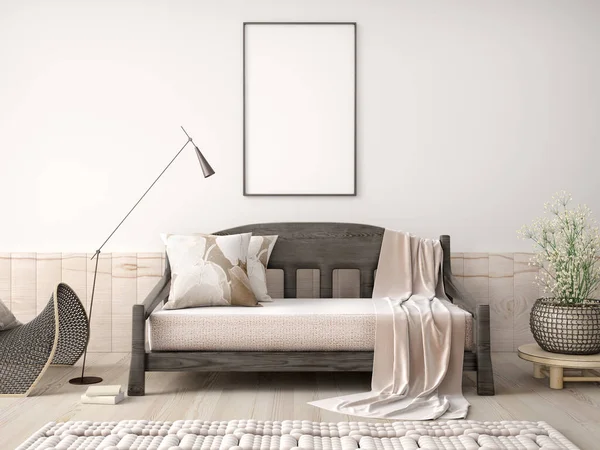 Inredning Modernt Vardagsrum Med Soffa Och Affisch Svart Golvlampa Rendering — Stockfoto