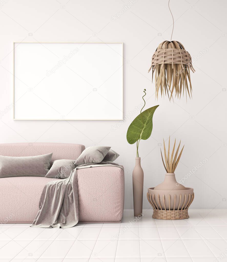 Interior design of modern living room with sofa, tropical interior, mock up poster frame on wall, copy space background, 3d rendering