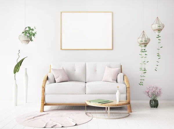 Modernt Vardagsrum Inredning Med Soffa Och Växt Affisch Ram Mockup — Stockfoto