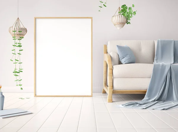 现代客厅室内设计与沙发和植物 海报框模型在墙上 白色沙发与海报 丑闻风格背景 3D渲染 — 图库照片