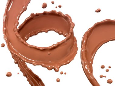 Çikolata sıçraması, yiyecek ve içecek illüstrasyonu, soyut çalışma alanı, 3 boyutlu görüntüleme.