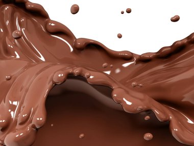 Çikolata sıçraması, yiyecek ve içecek illüstrasyonu, soyut çikolata arkaplanı, 3D görüntüleme