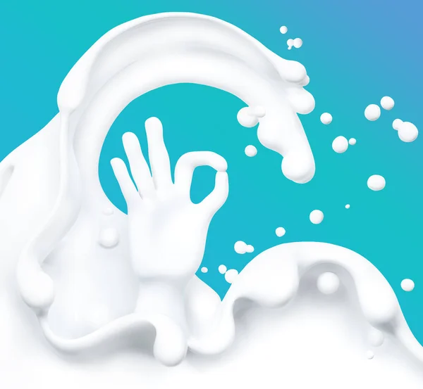 Splash Milk Isolated Blue Background Hand Shows Arm Abstract Rendering — Stok Foto
