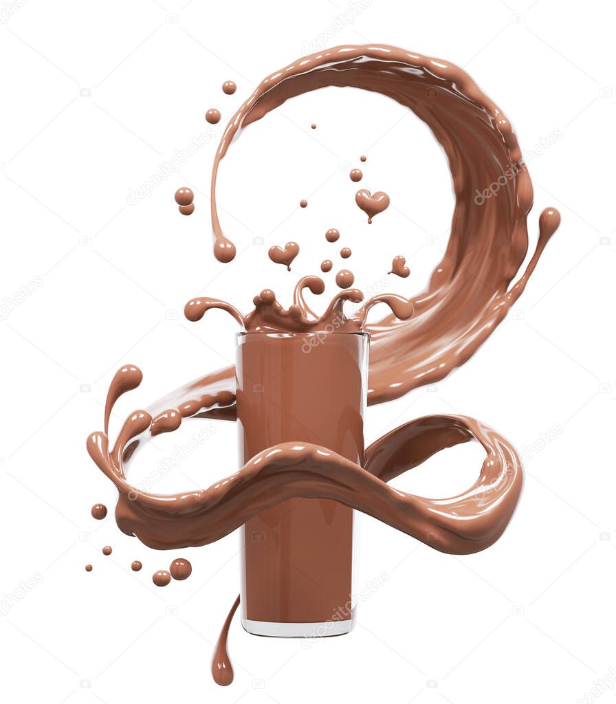 Chocolate splash in glass, food and drink illustration, abstract swirl background, isolated 3d rendering