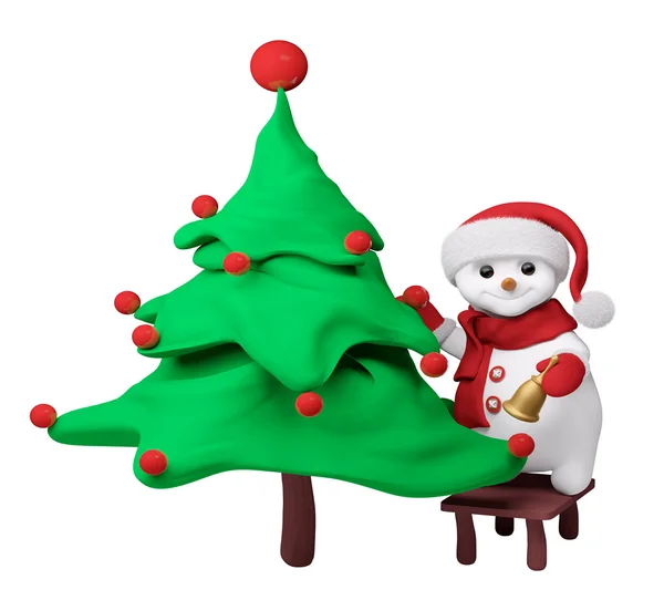 Bałwan z nowego roku drzewa i dzwon w ręku na białym tle 3d renderi — Zdjęcie stockowe