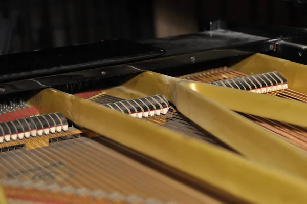 Dentro del piano de cola. Vista de cerca de martillos, cuerdas dentro del piano. — Foto de Stock