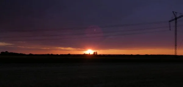 Sunset on the background of power lines — Stock Photo, Image