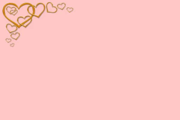 情人节贺卡。粉色背景上的金色心脏。复制空间. — 图库照片