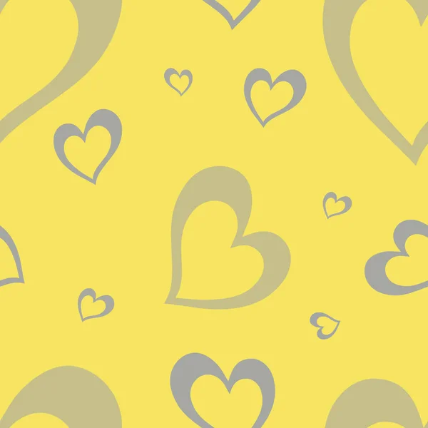 Nahtloses Muster mit Elementen für den Valentinstag auf gelbem Hintergrund. Niedliche graue Herzen. — Stockfoto