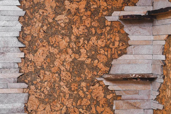 Tło i tekstura płyty korkowej Drewno Powierzchnia i płytki kamienne, Nature Product Industrial. wnętrze w rogu. — Zdjęcie stockowe