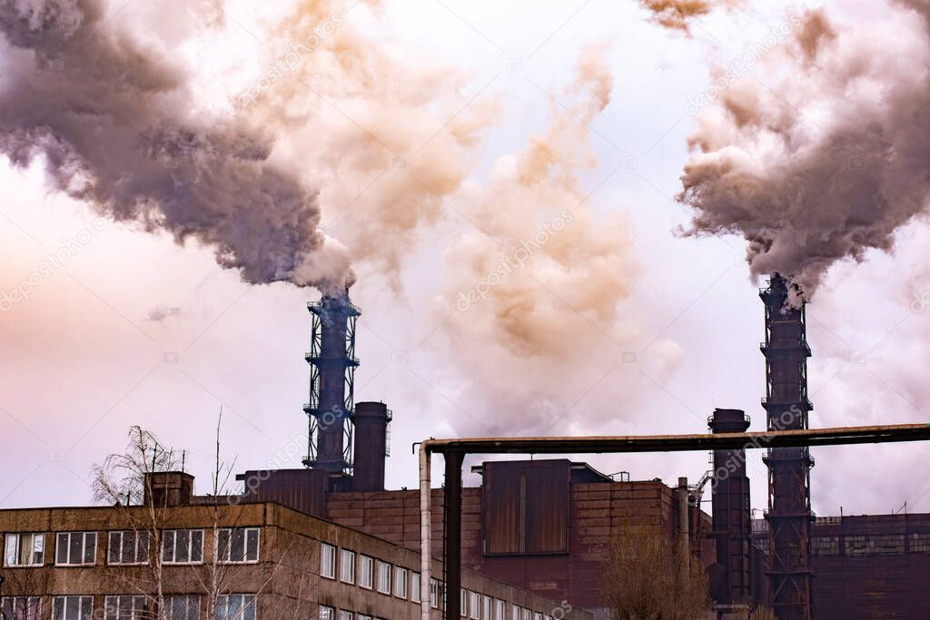 metallurgical plant dawn smoke smog emissions. bad ecology. 