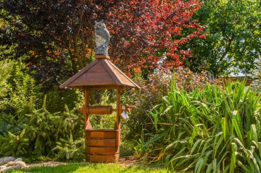 Wooden well stands among lush greenery and colorful leaves creating rustic garden centerpiece. Decorative wooden well surrounded by green plants and vibrant foliage. owl figure on top.