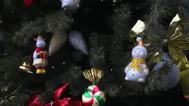 Parlak süslemeleri, altın yayları ve renkli mücevherleriyle dönen Noel ağacı. Noel ağacının çam dallarını süsleyen süsler. Renkli takılar ve kurdeleler Mutlu yeni yıl süsü yaratıyor.