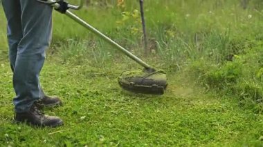Adam benzin budama makinesiyle çalışıyor. Adam kalın yeşil çimenleri budayarak kesiyor. Kesme kablosu çimenleri yakın çekimde keser ve yan yana serper. güçlü bir benzin budayıcı