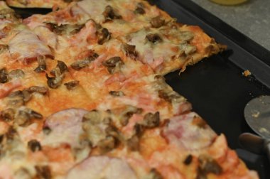 Biberli pizza, erimiş peynir ve kabuklu kenarlı, fırın tepsisinde yeni hazırlanmış. Hızlı bir yemek ya da toplanmak için mükemmel bir yemek..