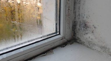 Penceredeki küf. Pencerenin yüzeyinde oluşan buhar, pencerenin kenarlarında görünen nem damlacıkları, nemli olduğunu gösteriyor. Cam üzerinde açıkça görülen su damlacıkları ile pencere kalıbı