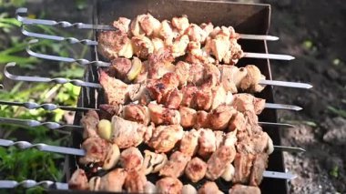 Bahçe ortamında ızgarada kebap pişirmek. Taze et parçaları şişte kızarıyor, duman ve ateş ile kebap ayrıntıları, açık hava yemekleri hazırlama, doğal yaşam tarzı, geleneksel şiş kebap konsepti.